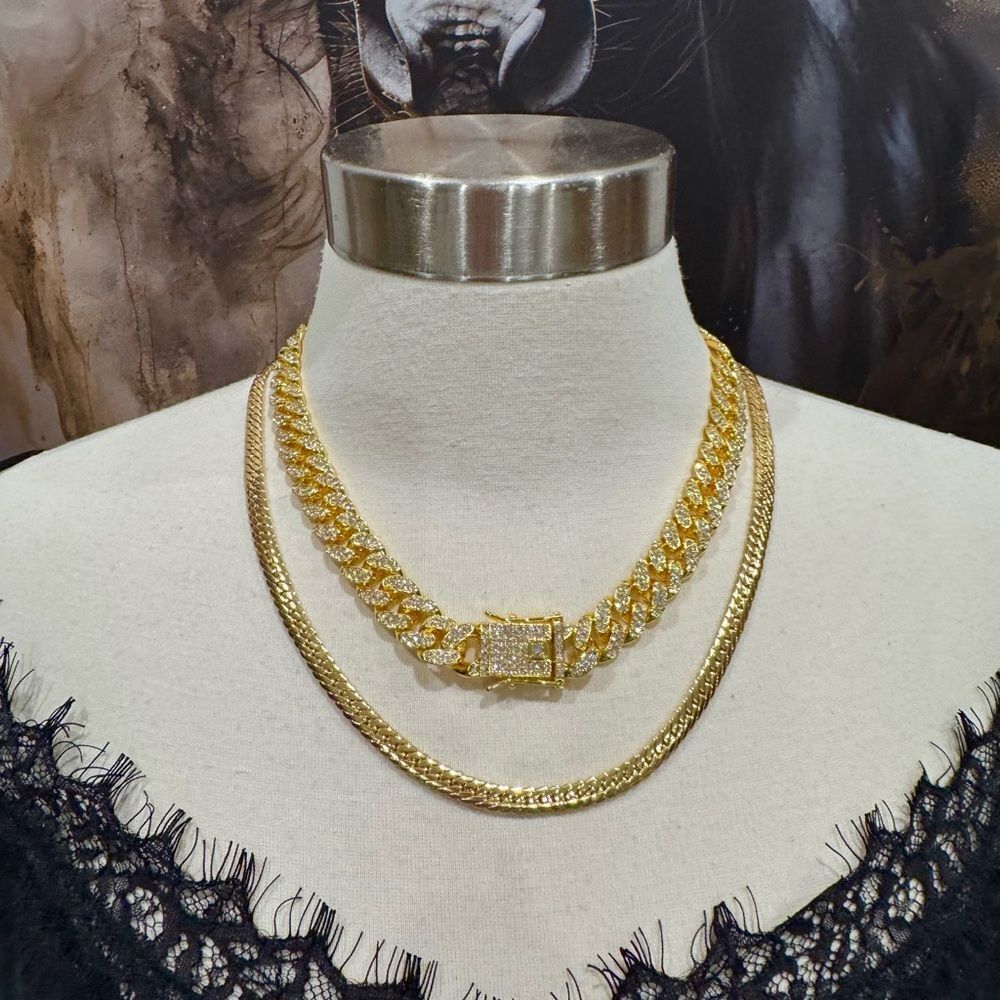 14K GOLD CHUNKY LINK CUBAN CHAIN AND DIAMOND ACCENTS NECKLACE AND BRACELET SET